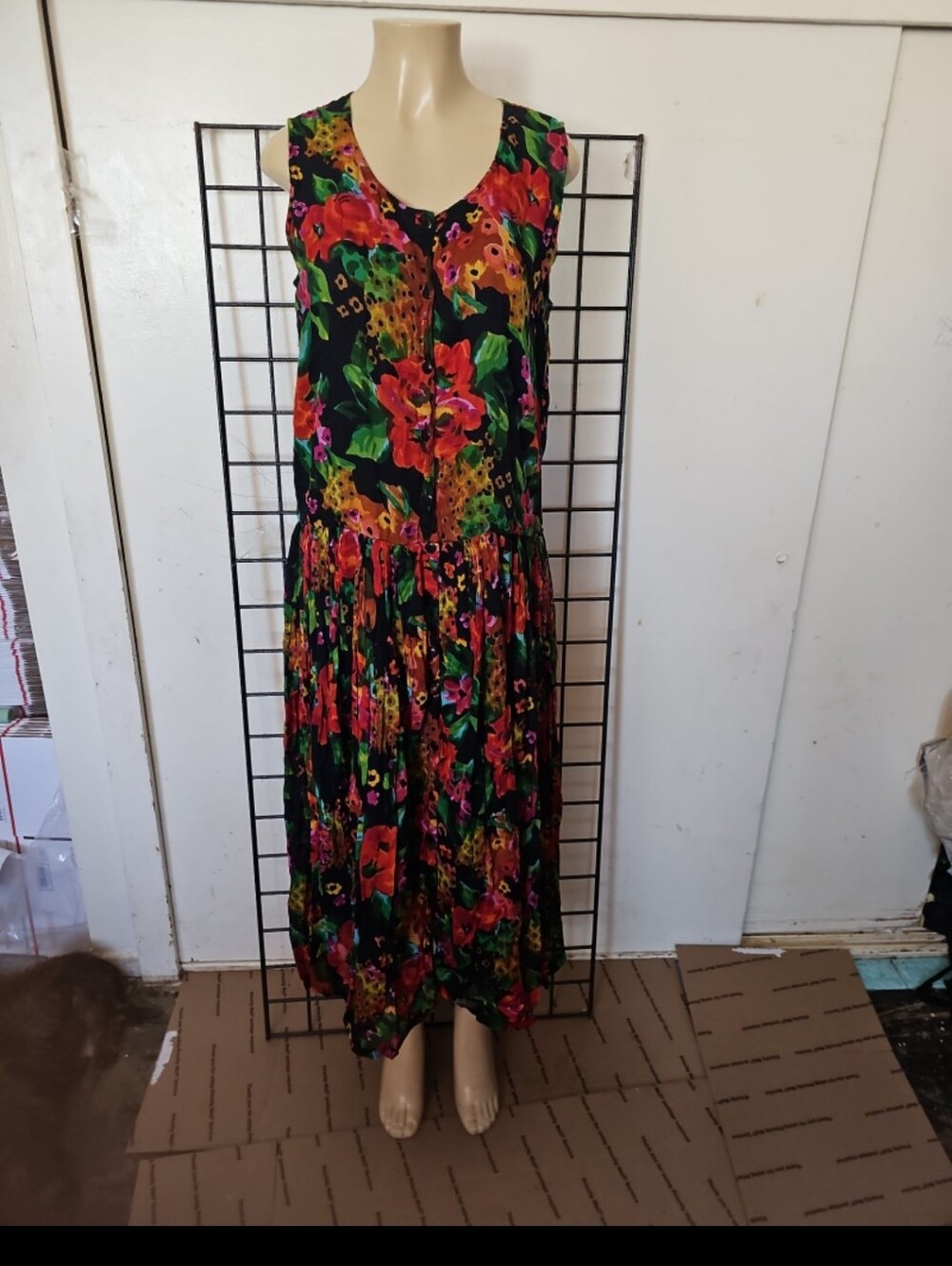 S.L. Fashions Black Maxi Dress with Pink, Red & Green Floral Print